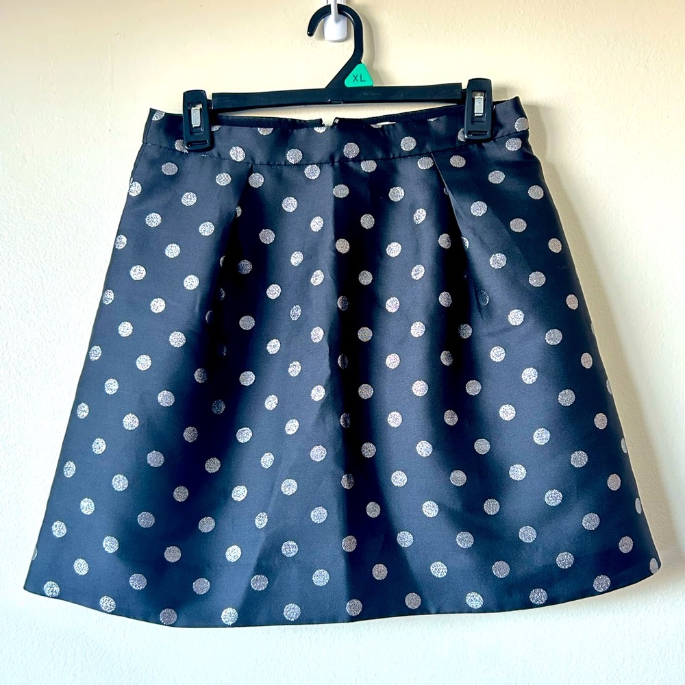 NWOT J. Crew Size Small (4) Black Pleated Mini Skirt Silver Polka Dots Bubble